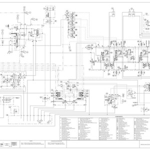 K&ouml;nnte beinhalten: Detailliertes technisches Diagramm in Schwarzwei&szlig; mit Linien, Symbolen und Text. Das Diagramm zeigt ein komplexes System mit verschiedenen Komponenten und Verbindungen. Enth&auml;lt eine Legende und eine Komponentenliste.