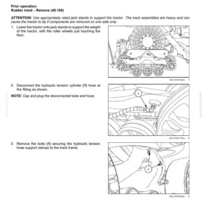 May include: Diagram of tractor track frame and driving wheels, with instructions for removal. Includes detailed illustrations of hydraulic components and bolts. Text includes model numbers and safety warnings. Technical drawing.