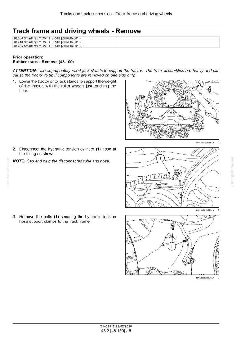 May include: Diagram of tractor track frame and driving wheels, with instructions for removal. Includes detailed illustrations of hydraulic components and bolts. Text includes model numbers and safety warnings. Technical drawing.
