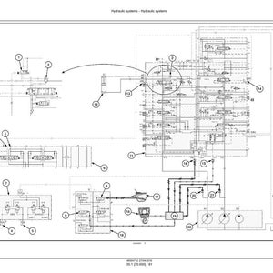 May include: A detailed technical diagram of a hydraulic system, featuring interconnected components, lines, and labels. The diagram is in black and white, with various shapes and symbols representing different parts of the system. The title "Hydraulic systems - Hydraulic systems" is at the top.