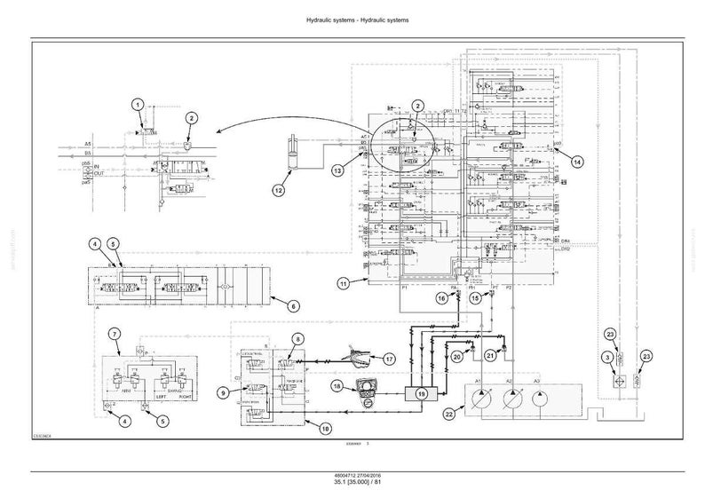 May include: A detailed technical diagram of a hydraulic system, featuring interconnected components, lines, and labels. The diagram is in black and white, with various shapes and symbols representing different parts of the system. The title "Hydraulic systems - Hydraulic systems" is at the top.