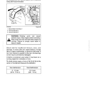 Peut inclure: Sch&eacute;ma technique d'inspection de la courroie d'alternateur/ventilateur. Il comprend des illustrations, des avertissements de s&eacute;curit&eacute; et des sp&eacute;cifications de tension de courroie, avec des mesures en millim&egrave;tres et en pouces.