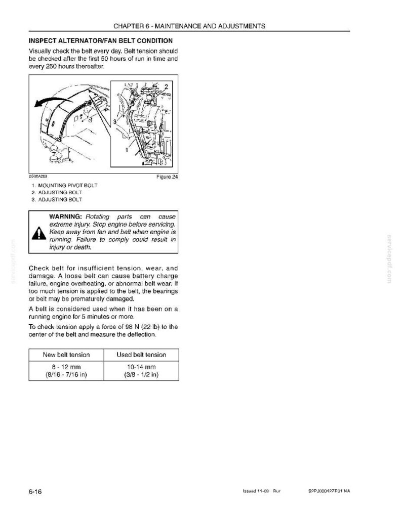 Peut inclure: Sch&eacute;ma technique d'inspection de la courroie d'alternateur/ventilateur. Il comprend des illustrations, des avertissements de s&eacute;curit&eacute; et des sp&eacute;cifications de tension de courroie, avec des mesures en millim&egrave;tres et en pouces.