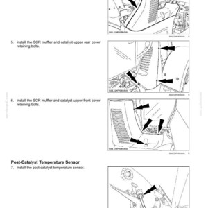 Puede incluir: Diagrama de un sistema el&eacute;ctrico con flechas que se&ntilde;alan los componentes. El texto incluye instrucciones para instalar el silenciador SCR, las cubiertas del catalizador y el sensor de temperatura posterior al catalizador. Imagen de un manual de servicio.