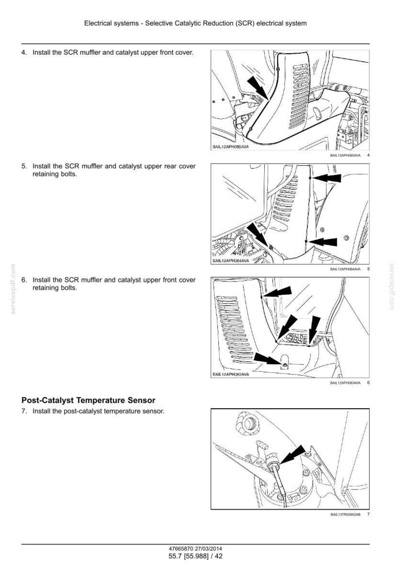 Puede incluir: Diagrama de un sistema el&eacute;ctrico con flechas que se&ntilde;alan los componentes. El texto incluye instrucciones para instalar el silenciador SCR, las cubiertas del catalizador y el sensor de temperatura posterior al catalizador. Imagen de un manual de servicio.