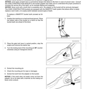May include: Page from a maintenance manual detailing the replacement of bucket teeth. Includes diagrams and instructions for removing and installing teeth on a CASE CONSTRUCTION bucket. Text includes safety notices and procedures.