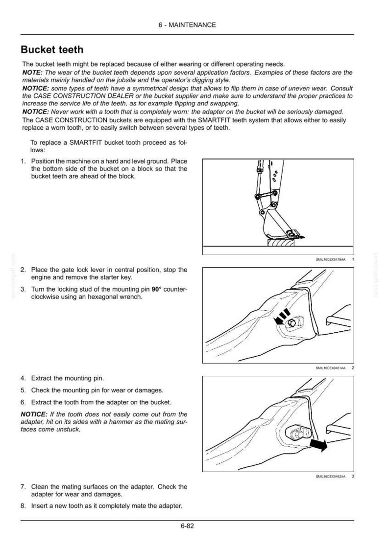 May include: Page from a maintenance manual detailing the replacement of bucket teeth. Includes diagrams and instructions for removing and installing teeth on a CASE CONSTRUCTION bucket. Text includes safety notices and procedures.
