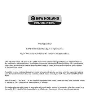 May include: A white document featuring the "NEW HOLLAND CONSTRUCTION" logo in a grey and black rectangle. The document contains text regarding technical publications and tools, and copyright details.