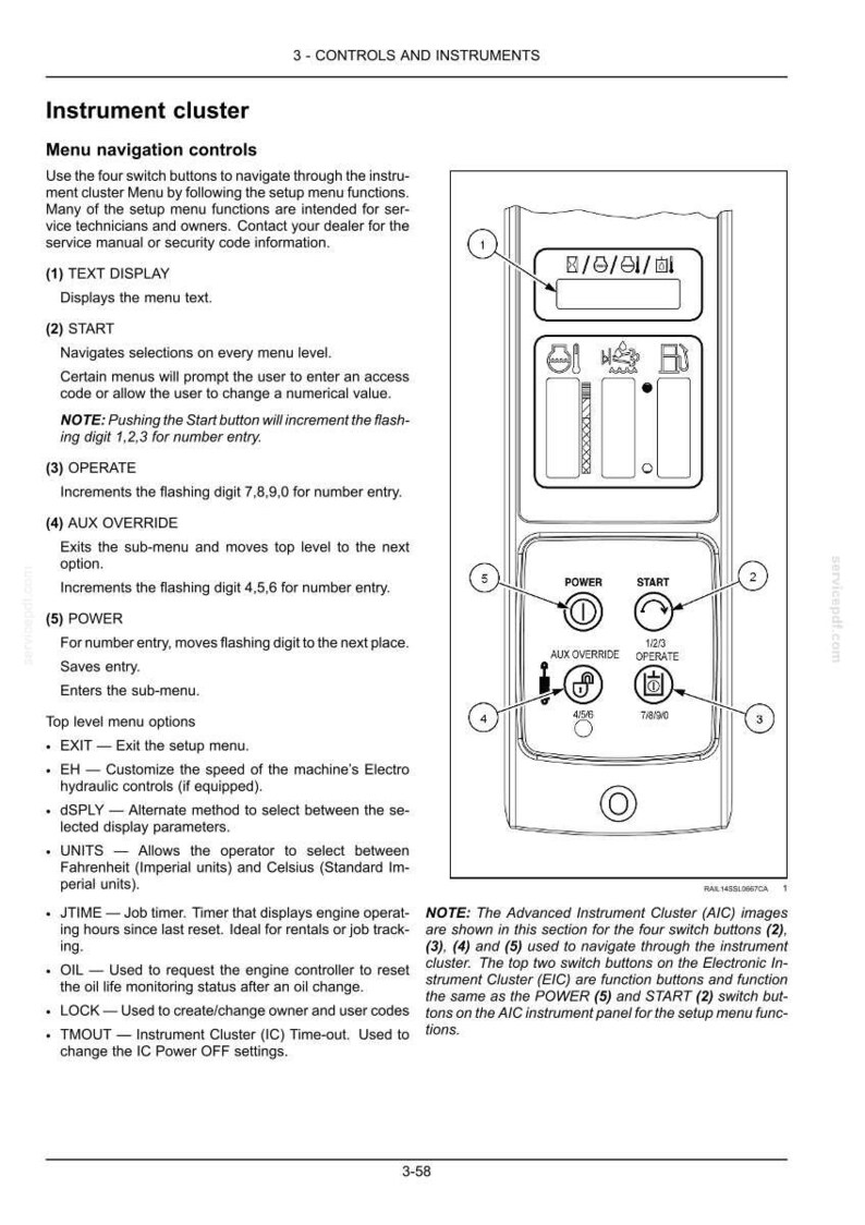 May include: A technical diagram of an instrument cluster control panel featuring a text display and five numbered buttons labeled Power, Start, Aux Override, and Operate, with accompanying instructional text for menu navigation and settings.