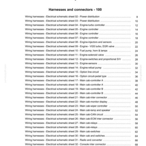 May include: Index page from a manual detailing electrical systems, specifically harnesses and connectors. The document lists various wiring harness schematics, including power distribution, engine controllers, and air conditioning systems. The page is white with black text.