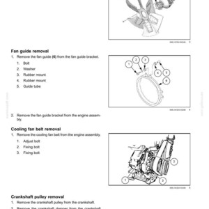 May include: Diagram of engine components, including a cooling fan, fan guide, and crankshaft pulley. The image provides numbered instructions for removal and assembly of parts. Text at the top reads "Engine - Crankshaft and flywheel."