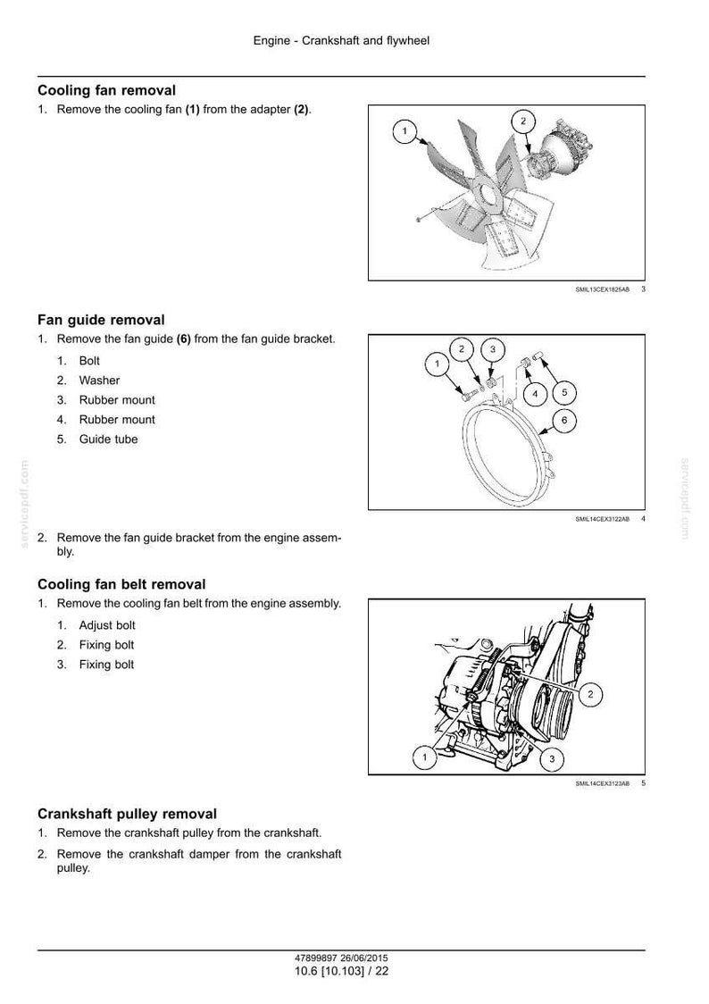 May include: Diagram of engine components, including a cooling fan, fan guide, and crankshaft pulley. The image provides numbered instructions for removal and assembly of parts. Text at the top reads "Engine - Crankshaft and flywheel."