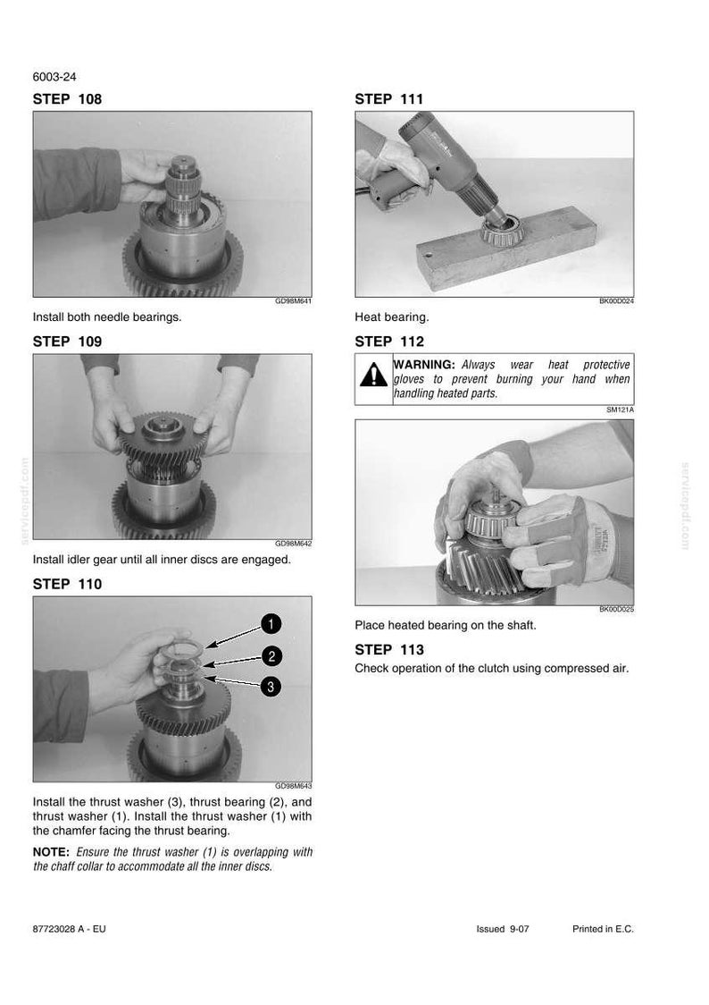 May include: A series of instructional images detailing mechanical assembly steps. The images show hands working with various metal components, including gears, bearings, and washers. Text and arrows indicate assembly order and part identification.