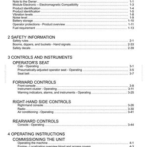 May include: A white document titled "Contents" with a list of topics and page numbers. Sections include General Information, Safety Information, Controls and Instruments, and Operating Instructions. The document appears to be a manual.