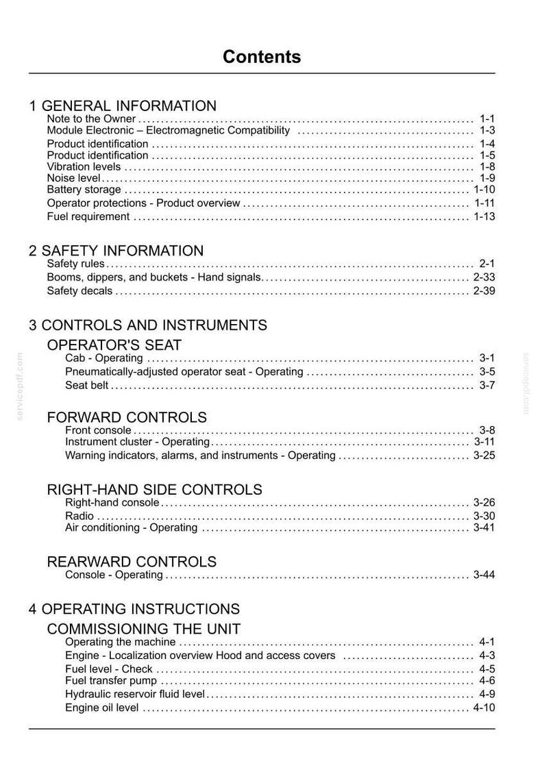 May include: A white document titled "Contents" with a list of topics and page numbers. Sections include General Information, Safety Information, Controls and Instruments, and Operating Instructions. The document appears to be a manual.