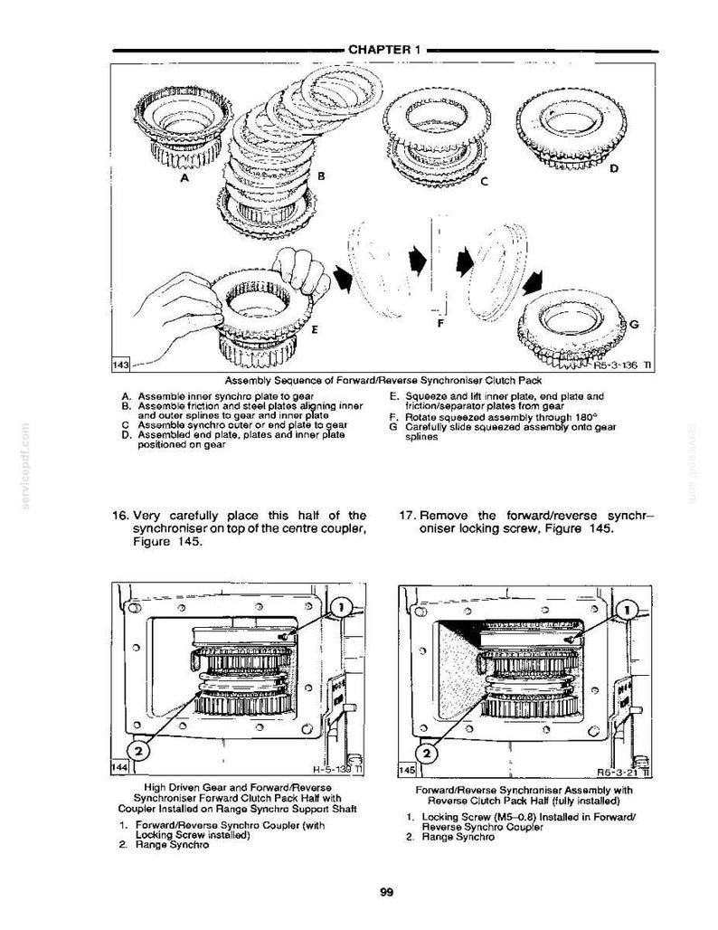 May include: Black and white technical diagram illustrating the assembly sequence of a forward/reverse synchronizer clutch pack. The diagram includes labeled parts and assembly steps, with detailed close-up views.