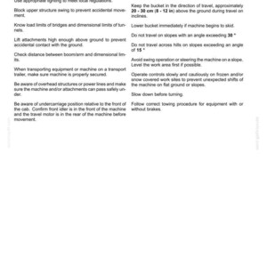 May include: A black and white document page titled 2 - SAFETY INFORMATION, featuring text about travel and general transportation safety for heavy machinery, including specific instructions on bucket height, slope angles, and operational precautions.