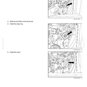 K&ouml;nnte beinhalten: Diagramm aus einem Wartungshandbuch, das Motorkomponenten mit Pfeilen zeigt, die auf bestimmte Teile zeigen. Der Text lautet: "Filter vom Antriebsnaben schieben", "Neuen Filter auf die Antriebsnabe schieben", "Sicherungsring einbauen" und "Abdeckung einbauen."