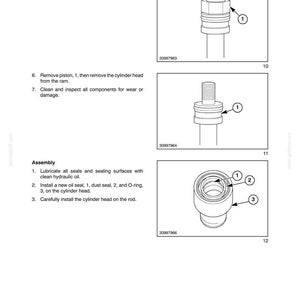 May include: Diagram of hydraulic components with labels. The image includes detailed illustrations of parts such as a nut, piston, cylinder head, oil seal, dust seal, and O-ring. Text instructions are also included.