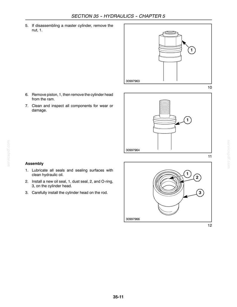 May include: Diagram of hydraulic components with labels. The image includes detailed illustrations of parts such as a nut, piston, cylinder head, oil seal, dust seal, and O-ring. Text instructions are also included.