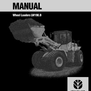 Pu&ograve; includere: Una copertina di manuale di servizio con una pala gommata. Il titolo "SERVICE MANUAL" &egrave; in alto, con "Wheel Loaders LW190.B" sotto. L'immagine mostra una pala gommata con il logo "NEW HOLLAND" sul braccio e il logo "NEW HOLLAND CONSTRUCTION" in basso.