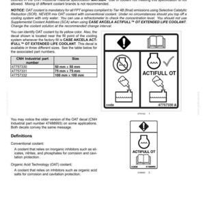 Puede incluir: Un documento de mantenimiento titulado "Organic Acid Technology (OAT) coolant". Incluye una tabla con n&uacute;meros de pieza CNH Industrial y tama&ntilde;os, que van desde 50 mm x 50 mm hasta 100 mm x 100 mm. El documento presenta diagramas y el texto "ACTIFULL OT."