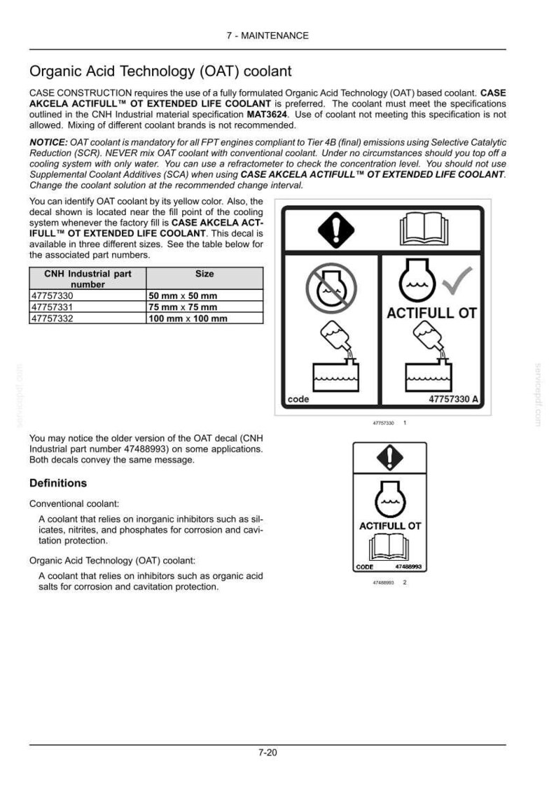 Puede incluir: Un documento de mantenimiento titulado "Organic Acid Technology (OAT) coolant". Incluye una tabla con n&uacute;meros de pieza CNH Industrial y tama&ntilde;os, que van desde 50 mm x 50 mm hasta 100 mm x 100 mm. El documento presenta diagramas y el texto "ACTIFULL OT."