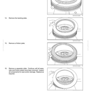 May include: Diagram of a hydraulic parking brake assembly with step-by-step instructions. The image shows the removal of the snap ring, backing plate, friction plate, and separator plate. Text includes "AXLES, BRAKES AND STEERING - PARKING BRAKE Hydraulic".