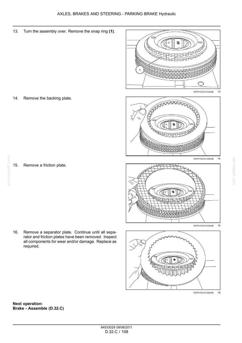 May include: Diagram of a hydraulic parking brake assembly with step-by-step instructions. The image shows the removal of the snap ring, backing plate, friction plate, and separator plate. Text includes "AXLES, BRAKES AND STEERING - PARKING BRAKE Hydraulic".