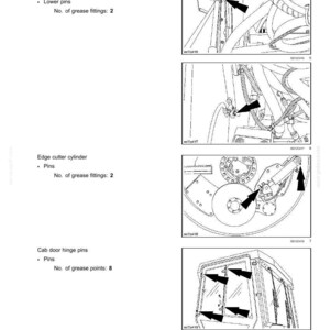 May include: Diagram showing maintenance points on heavy machinery. Illustrations of hood lifting cylinders, edge cutter cylinder, and cab door hinge pins are included. Arrows indicate grease fittings and pins.