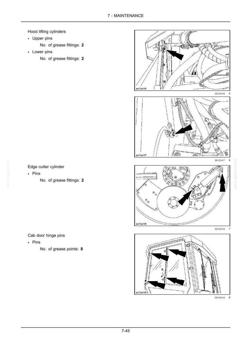 May include: Diagram showing maintenance points on heavy machinery. Illustrations of hood lifting cylinders, edge cutter cylinder, and cab door hinge pins are included. Arrows indicate grease fittings and pins.