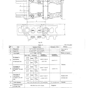 Puede incluir: Un diagrama t&eacute;cnico etiquetado como 10.4 TRACK LINK y Fig 56, que muestra una vista superior y lateral de un conjunto de eslabones de oruga. Una tabla proporciona especificaciones para el paso, di&aacute;metro exterior, altura y tolerancias en mm.