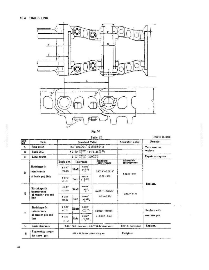 Puede incluir: Un diagrama t&eacute;cnico etiquetado como 10.4 TRACK LINK y Fig 56, que muestra una vista superior y lateral de un conjunto de eslabones de oruga. Una tabla proporciona especificaciones para el paso, di&aacute;metro exterior, altura y tolerancias en mm.