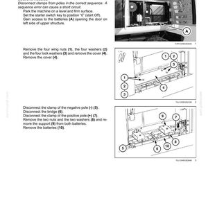 May include: Diagram of battery replacement instructions. The image shows numbered steps for disconnecting and removing a battery from a machine. Includes instructions for removing wing nuts, washers, and clamps.