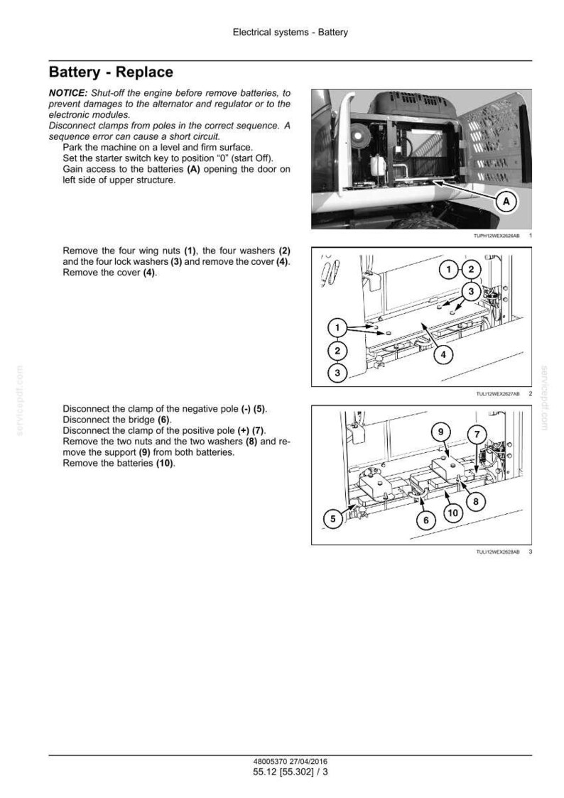 May include: Diagram of battery replacement instructions. The image shows numbered steps for disconnecting and removing a battery from a machine. Includes instructions for removing wing nuts, washers, and clamps.