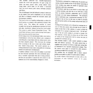 May include: A technical document page titled 1. GENERAL, containing black printed text on a white background. The content describes hydraulic machine components, including pumps, control valves, motors, and cooling systems for heavy machinery.