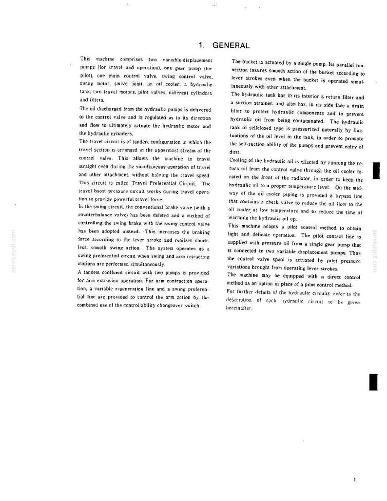 May include: A technical document page titled 1. GENERAL, containing black printed text on a white background. The content describes hydraulic machine components, including pumps, control valves, motors, and cooling systems for heavy machinery.