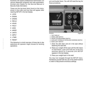 May include: A technical manual page titled CHAPTER 3 - INSTRUMENTS AND CONTROLS, detailing AIC OPERATOR SETUP MENU FUNCTIONS. It includes a diagram of a control panel with a text display and four numbered switches, plus instructions for entering setup mode.