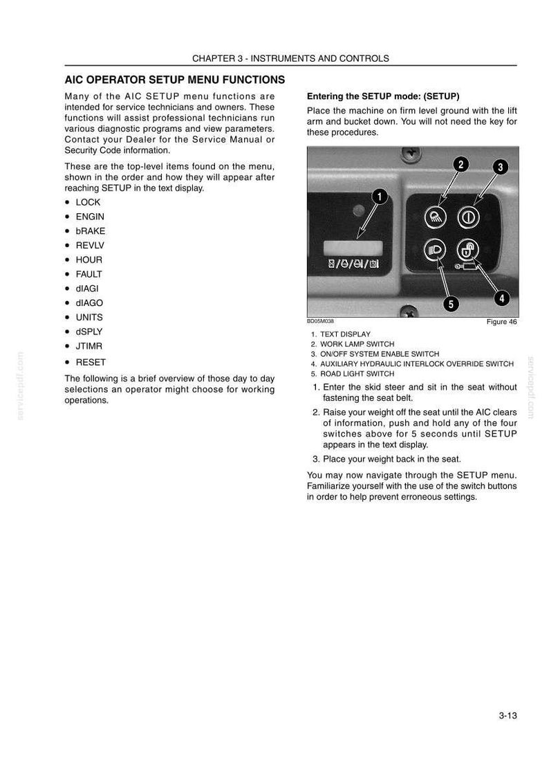 May include: A technical manual page titled CHAPTER 3 - INSTRUMENTS AND CONTROLS, detailing AIC OPERATOR SETUP MENU FUNCTIONS. It includes a diagram of a control panel with a text display and four numbered switches, plus instructions for entering setup mode.
