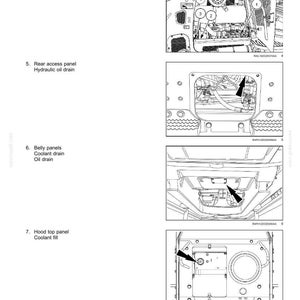 May include: Diagram of a machine's maintenance points, including the engine hood, rear access panel, and belly panels. The image shows the oil dipstick, oil fill, and coolant drain locations. Text labels identify each component.