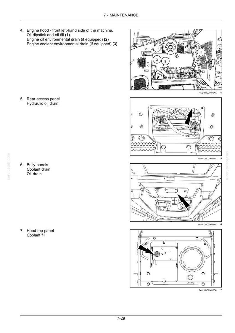 May include: Diagram of a machine's maintenance points, including the engine hood, rear access panel, and belly panels. The image shows the oil dipstick, oil fill, and coolant drain locations. Text labels identify each component.