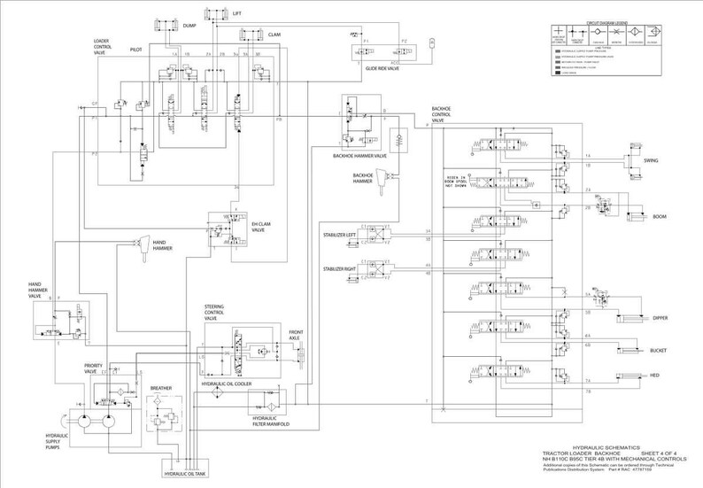 May include: A detailed black and white schematic diagram of a tractor loader backhoe's hydraulic system. The diagram includes various valves, pumps, and control systems, with labels and lines illustrating the flow and function of the hydraulic components.