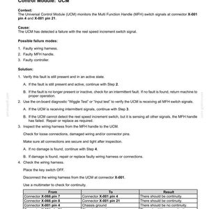 May include: A technical document detailing electrical system fault codes, specifically E0210-12, related to a reel speed increment switch. The document includes troubleshooting steps, possible failure modes, and a continuity test table for connectors.