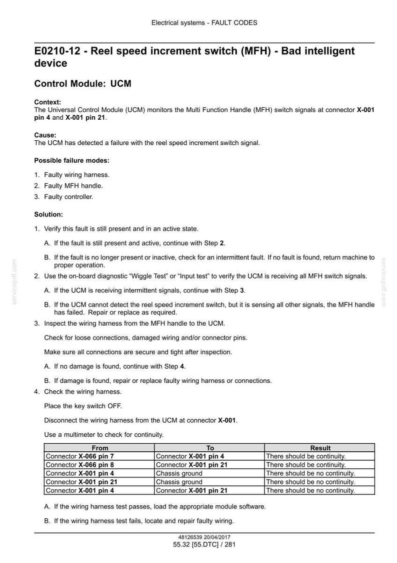 May include: A technical document detailing electrical system fault codes, specifically E0210-12, related to a reel speed increment switch. The document includes troubleshooting steps, possible failure modes, and a continuity test table for connectors.