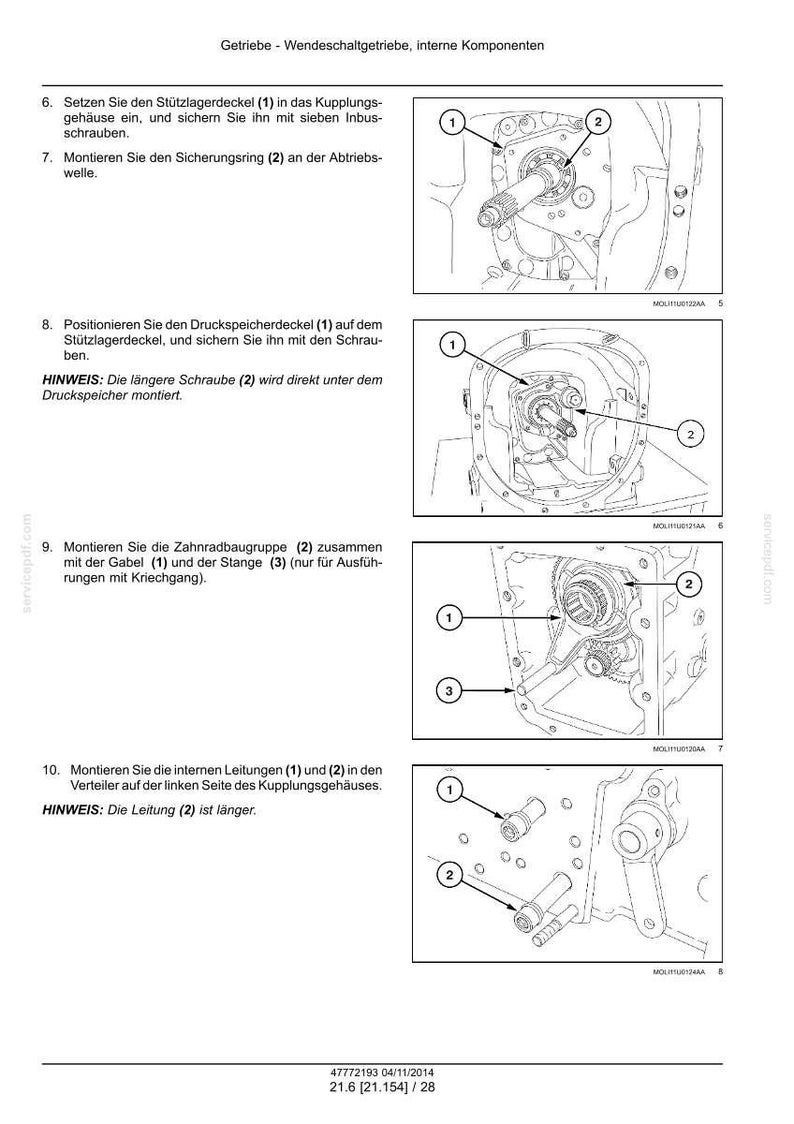 May include: A technical manual page titled Getriebe - Wendeschaltgetriebe, interne Komponenten, featuring four black and white line drawings with numbered callouts illustrating the assembly steps for transmission components and internal lines.