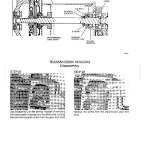 May include: Diagram illustrating transmission housing disassembly, with labelled components such as the bearing lock nut and oil seal. The image provides detailed cross-sectional views of mechanical parts. Step-by-step instructions are also included.