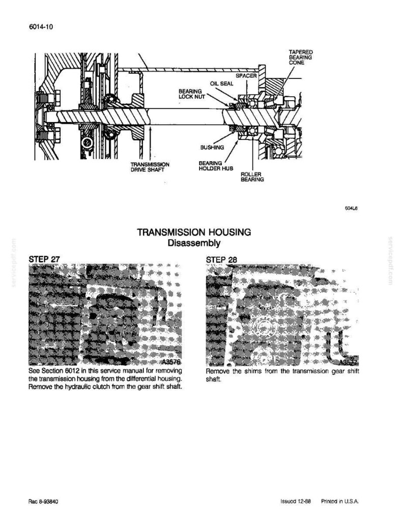 May include: Diagram illustrating transmission housing disassembly, with labelled components such as the bearing lock nut and oil seal. The image provides detailed cross-sectional views of mechanical parts. Step-by-step instructions are also included.