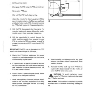 May include: A technical manual page titled SECTION 2 containing instructions for operating a tractor PTO. It includes a black and white line drawing of a PTO shaft with a dimension of 356 mm (14 in.), numbered steps, and a warning symbol.
