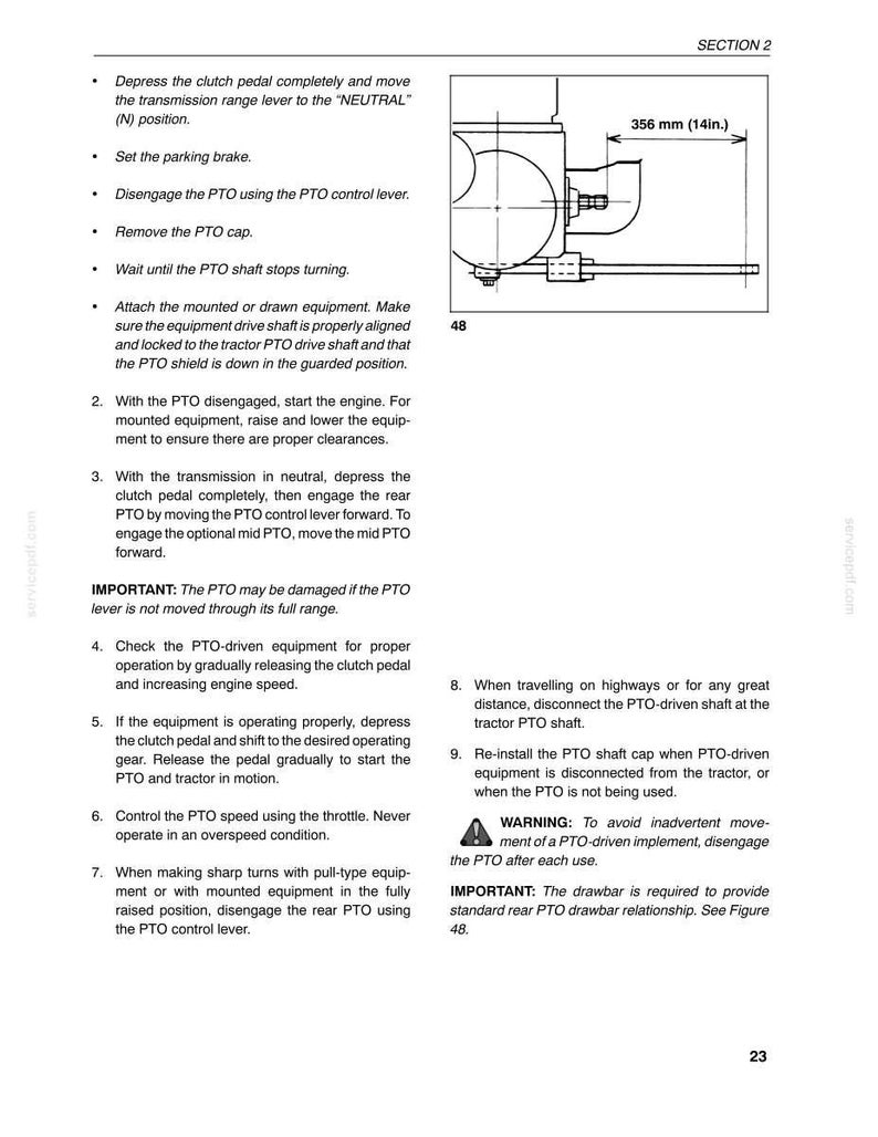 May include: A technical manual page titled SECTION 2 containing instructions for operating a tractor PTO. It includes a black and white line drawing of a PTO shaft with a dimension of 356 mm (14 in.), numbered steps, and a warning symbol.