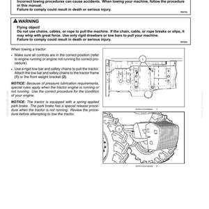 May include: A technical manual page titled 5-TRANSPORT OPERATIONS, detailing tractor towing procedures. It includes warning boxes, text instructions, and two black and white line drawings showing the tractor frame and front weight bracket.